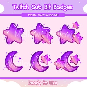 Twitch Sub Badges Star Moon for Twitch | Stream Bit Badges | Purple | Emote | Cute Sub Badges | Kawaii Moon Badges | Celestial | Space