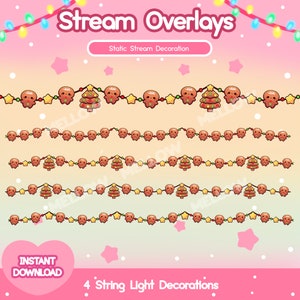 Op de afbeelding: Vier variaties van een gingerbread man en kerstboom string light decoratie. De decoraties zijn op een roze en oranje achtergrond met witte sneeuwvlokken.