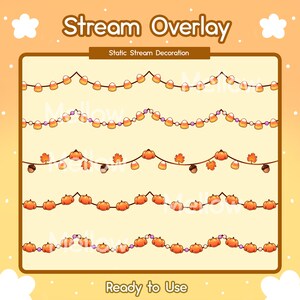 May include: Five different animated borders featuring autumnal themes. The borders include candy corn, pumpkins, acorns, and fall leaves. The text "Stream Overlay" and "Static Stream Decoration" are at the top of the image. The text "Ready to Use" is at the bottom of the image.