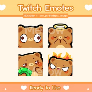 Emoticones de oso para Twitch, oso pardo, íconos de transmisión, íconos kawaii, paquete de 4