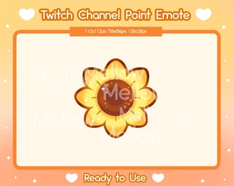 May include: A digital graphic of a sunflower, designed as a Twitch channel point emote. The flower has yellow petals with a brown center and sparkling highlights. The image is set against a gradient background with the text "Twitch Channel Point Emote" and "Ready to Use".