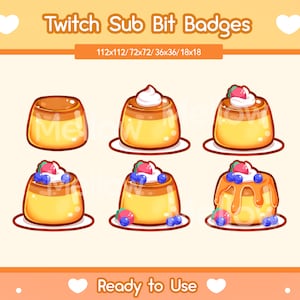 Op de afbeelding: Set van zes Twitch sub bit badges met een cartoonpuddingdessert met verschillende toppings. De badges zijn in vier formaten beschikbaar: 112x112, 72x72, 36x36 en 18x18 pixels. De tekst "Twitch Sub Bit Badges" en "Ready to Use" is in de afbeelding opgenomen.