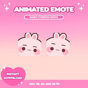 Puede incluir: Gráfico rosa con el texto "ANIMATED EMOTE" y "BUNNY EYEBROW EMOTE". Se muestran dos caras de conejito de dibujos animados con mejillas sonrojadas y una boca sonriente. Las palabras "INSTANT DOWNLOAD" están en un corazón rosa.