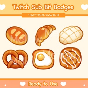 Puede incluir: Seis diseños de pan de dibujos animados diferentes para las insignias de bits de suscripción de Twitch. Las insignias incluyen un pretzel, un croissant, una hogaza de pan, un panecillo con un huevo encima, un panecillo con glaseado blanco y un panecillo con glaseado blanco y un remolino en la parte superior.