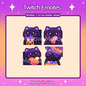 Lindos emoticones de gato negro para Twitch, Halloween, truco o trato, espeluznante, bruja, neko, paquete de 4 y Discord