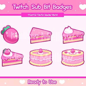 Könnte beinhalten: Sechs rosafarbene und weiße Twitch-Abonnenten-Bit-Abzeichen mit Kuchen-Motiv. Die Abzeichen zeigen eine Erdbeere, ein Stück Kuchen mit Schlagsahne, ein Stück Kuchen mit einer Kirsche, eine ganze Torte mit einer Kirsche und eine ganze Torte mit Kirschen. Die Abzeichen sind in vier Größen erhältlich: 112x112, 72x72, 36x36 und 18x18.