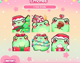 6 Christmas Frog Emotes for Twitch Streamers, Holiday Frogs, Festive Icons, Kawaii Froggy, CandyCane Bonk, Instant Download