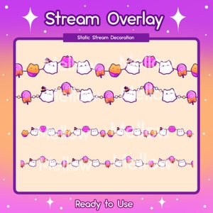 May include: Four rows of Halloween-themed decorations featuring white ghost cats, orange pumpkins, purple lollipops, and gold chains. The text "Stream Overlay" and "Static Stream Decoration" are at the top of the image. The text "Ready to Use" is at the bottom of the image.