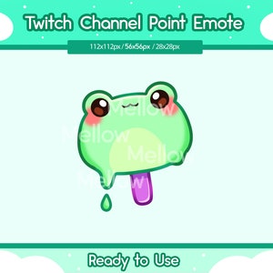 May include: A digital graphic of a frog-shaped popsicle with a purple stick. The frog is light green with rosy cheeks and large brown eyes. Text at the top reads "Twitch Channel Point Emote". The image is labeled "Ready to Use".