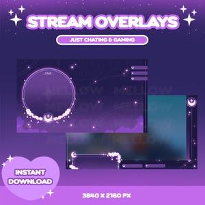 Moon Flowers Twitch Overlays, Stream Graphics, VTuber Just Chatting, Sparkle Purple Theme, Celestial Moon