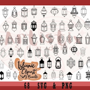 Puede incluir: Un conjunto de 68 imágenes de clipart SVG y PNG en blanco y negro de linternas islámicas. Las imágenes están dispuestas en una cuadrícula y presentan una variedad de estilos y diseños.
