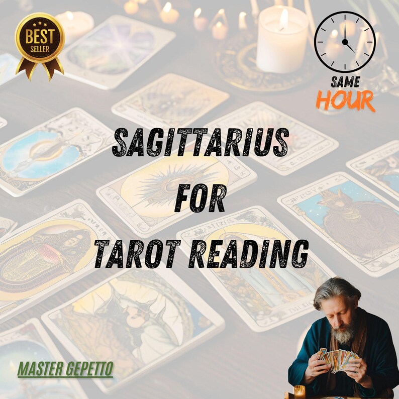Puede incluir: Una lectura de tarot para Sagitario. La imagen muestra un despliegue de cartas de tarot, velas y un reloj con las palabras "Same Hour". El texto "Sagittaire for Tarot Reading" se muestra en negrita, en letras negras. El texto "Master Geppetto" se muestra en letras blancas sobre un fondo verde.