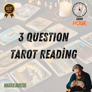 May include: A tarot card reading service with a 'Best Seller' badge, a clock with the text 'Same Hour', and the text '3 Question Tarot Reading' on a background of tarot cards. The text 'Master Geppetto' is at the bottom of the image.