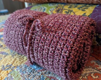 Boho Home Crochet Knit Mini Throw Aubergine  Blanket Or Baby Blankie Swaddle In Beautiful Scarlet Rose Color