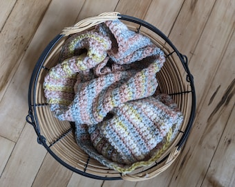 Boho Home Crochet Knit Mini Throw Light Denim Blue Blush Yellow Blanket Or Baby Blankie Swaddle In Beautiful After-Dinner Laughs Color