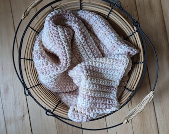 Boho Home Crochet Knit Mini Throw Soft Washable Muted Blush Pink Blanket Or Baby Blankie Swaddle In Beautiful Fuzzy Slippers Color