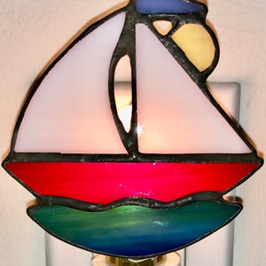 Sailboat stain glass night light with switch control and bulb