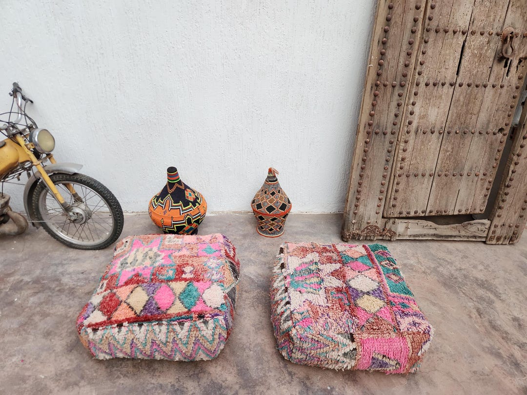 Tow Berber Moroccan Pouf -custom Area Pouf-amazing Square Ottoman ...