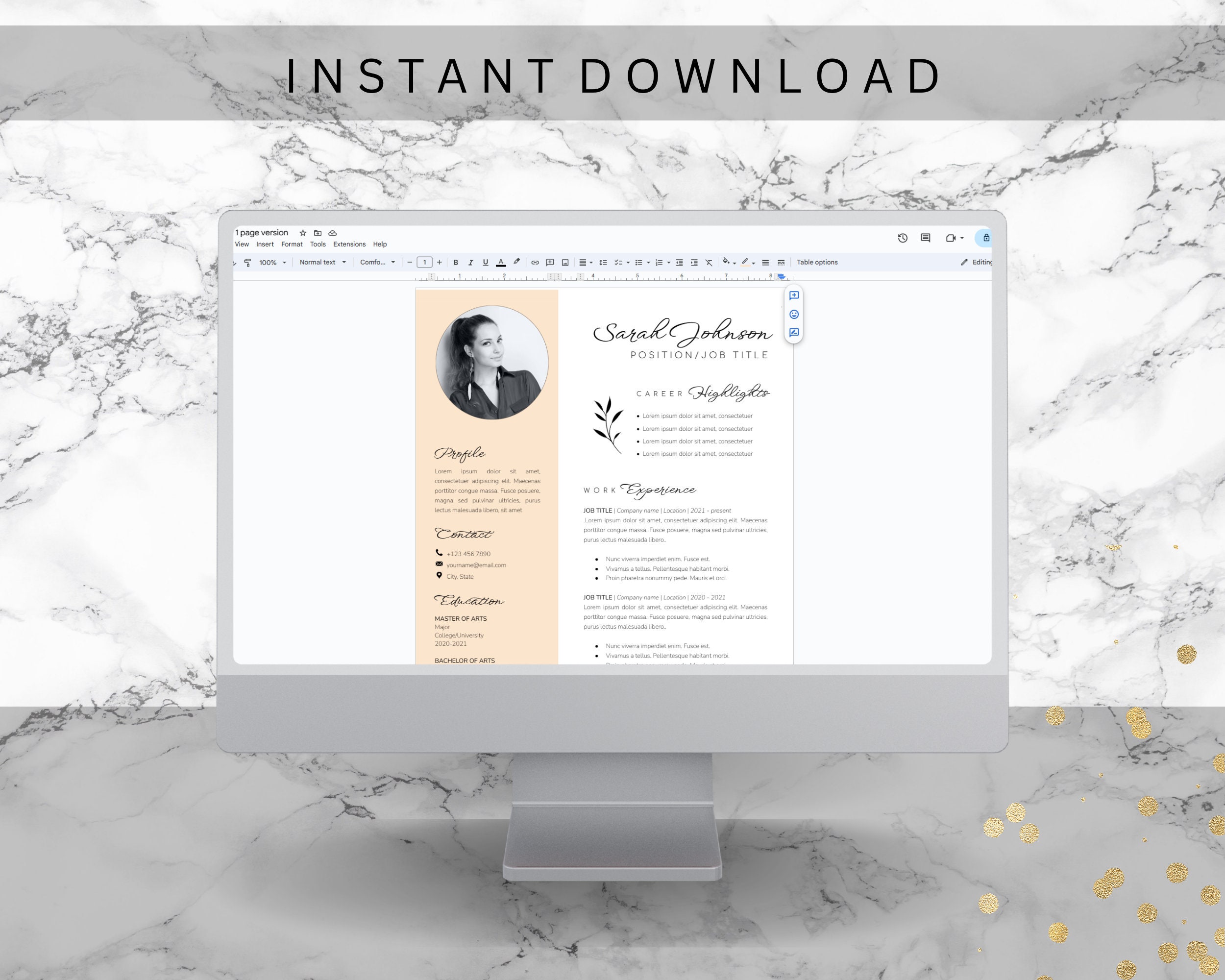 Professional Resume Template for Google Docs With Photo | Editable ...