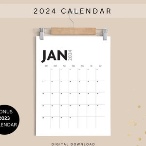 2024 Printable Calendar | Clean and Minimalist | 2023 Calendar Included | A4/US letter size | Portrait | Sun/Mon Start | Instant Download