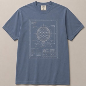 May include: A blue Comfort Colors t-shirt featuring a detailed blueprint design of Spaceship Earth. The graphic is in white and includes technical drawings and text. The shirt has a crew neck and short sleeves.