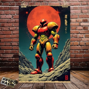 Pu&ograve; includere: Un poster in stile retr&ograve; con un personaggio robot rosso, giallo e verde in piedi su un paesaggio roccioso. Il robot ha un grande casco rosso con una visiera e un corpo giallo con accenti verdi. Lo sfondo presenta una grande luna rossa e il testo "超惑星 メティ -"