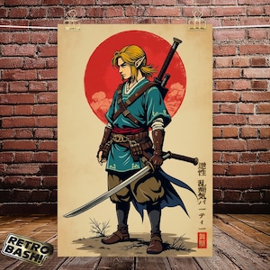 Pu&ograve; includere: Un'illustrazione digitale di un personaggio della serie di videogiochi The Legend of Zelda, rappresentata in stile giapponese. Il personaggio indossa una tunica blu e verde, tiene una spada e si trova davanti a un sole rosso. Il testo in giapponese dice "Legend of Zelda: Breath of the Wild".