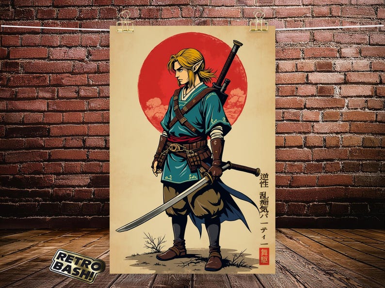 Pu&ograve; includere: Un'illustrazione digitale di un personaggio della serie di videogiochi The Legend of Zelda, rappresentata in stile giapponese. Il personaggio indossa una tunica blu e verde, tiene una spada e si trova davanti a un sole rosso. Il testo in giapponese dice "Legend of Zelda: Breath of the Wild".