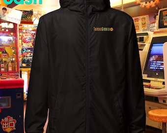 May include: Black windbreaker jacket with a zipper closure and a hood. The jacket has a logo on the front that says "TurboGrafx 16".