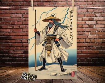 Poster di Mortal Kombat Raiden in stile tradizionale giapponese Ukiuo-e.