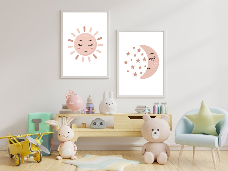 Neutral Boho Sun Moon Wall Art, Set of 2 Prints, Nursery Decor, Kids ...