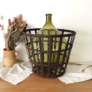 1900 Extra Large French Antique Demijohn with Its Iron Basket, Light Olive Green Glass, Huge Glass Carboy, Old Wine Bottle 32 Litres