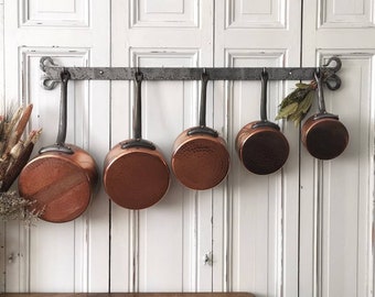 Vintage French Wrought Iron Kitchen Rack, 5-Hook Pan Hanger