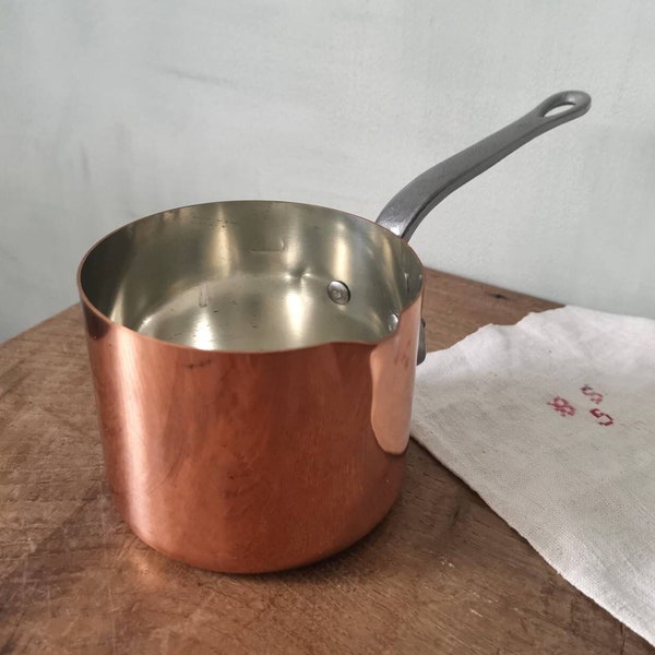 French Copper Pan w Spout / Stamped Made in France / Copper Sauce Pan / Milk Pan / Robust Rivets / Cast Iron Handle / New Tin Lining