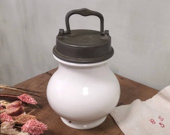 1800's PARIS French Antique White Ironstone Bouillon Jar with Pewter Carrying Lid, Soup carrier, Flask, Thick White Porcelain