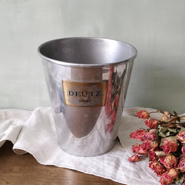 Vintage French Champagne Bucket DEUTZ, Cooler, Silver & Gold, Metal Ice Bucket