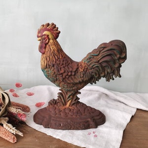 Antique Cast Iron Rooster Door Stop, Rustic French Farmhouse, Doorstop