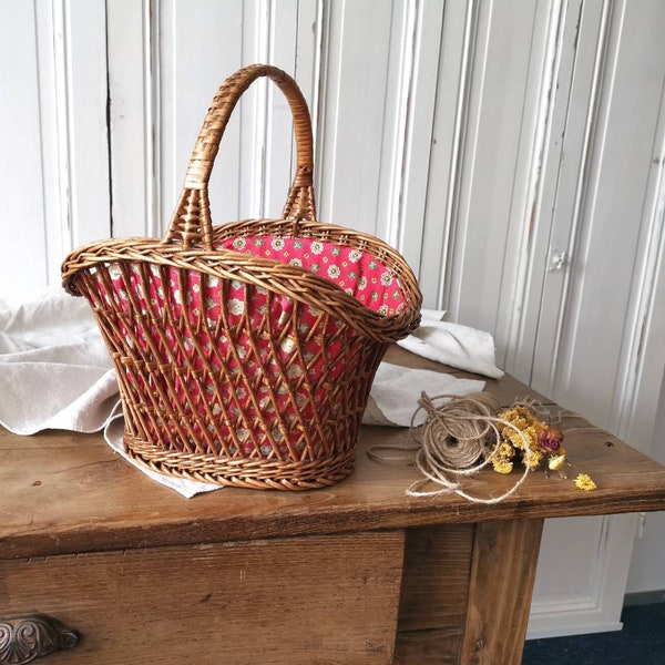 Vintage French Wicker  Basket Lined w Red Floral Fabric , Sewing Knitting Basket, Woven Rattan Basket, Rustic Braided Basket, Picnic Basket