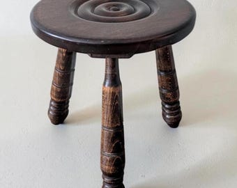 Antique French Brutalist Oak Milking Stool, Barley Twist Legs, Rustic Wooden Plant Stand Side Table