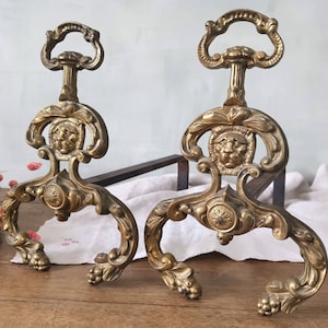 Paire Antique de 2 Chiens de Feu en Bronze, Style Rococo, Décor Tête de Lion, France