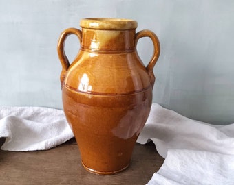 Jarrón de terracota esmaltada vintage francés: Jarrón rústico de gres ocre