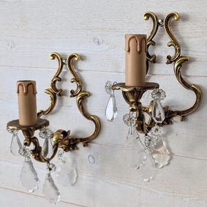 Antique French Brass Wall Light Sconces with Crystal Drops, Electrified