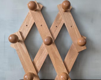 Vintage French Wooden Accordion wall Rack, Expandable Coat & Hat Pegs