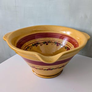 Può includere: Una ciotola in ceramica gialla con un bordo largo e due manici. La ciotola presenta una striscia bordeaux e un motivo floreale all'interno. La ciotola è su una superficie bianca.