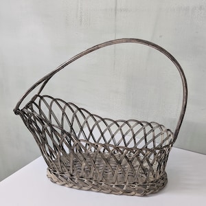 Vintage Wine Bottle Basket, Silver Plated Metal, Braided Decor