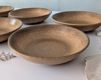 French Vintage Rustic Soup Plates, LONGCHAMG,  Brown Speckled Stoneware Pasta Bowls, Set of 6