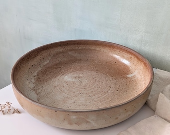 French Vintage Large Fruit Bowl, Beige Drip Glazed Stoneare, Serving Platter