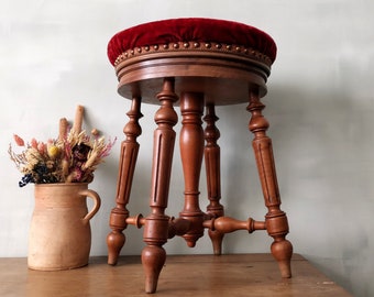 Antique French Piano Stool: Napoleon III Style Red Velvet Swivel Seat