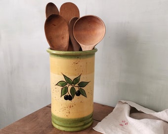 French Vintage Ceramic Ustensil Holder, Provencal Green Yellow Glazed Stoneware w Black Olive Branches