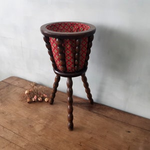 Vintage French Bobbin Sewing Basket / Rustic Wooden Three legged Farmhouse Storage Knitting Basket